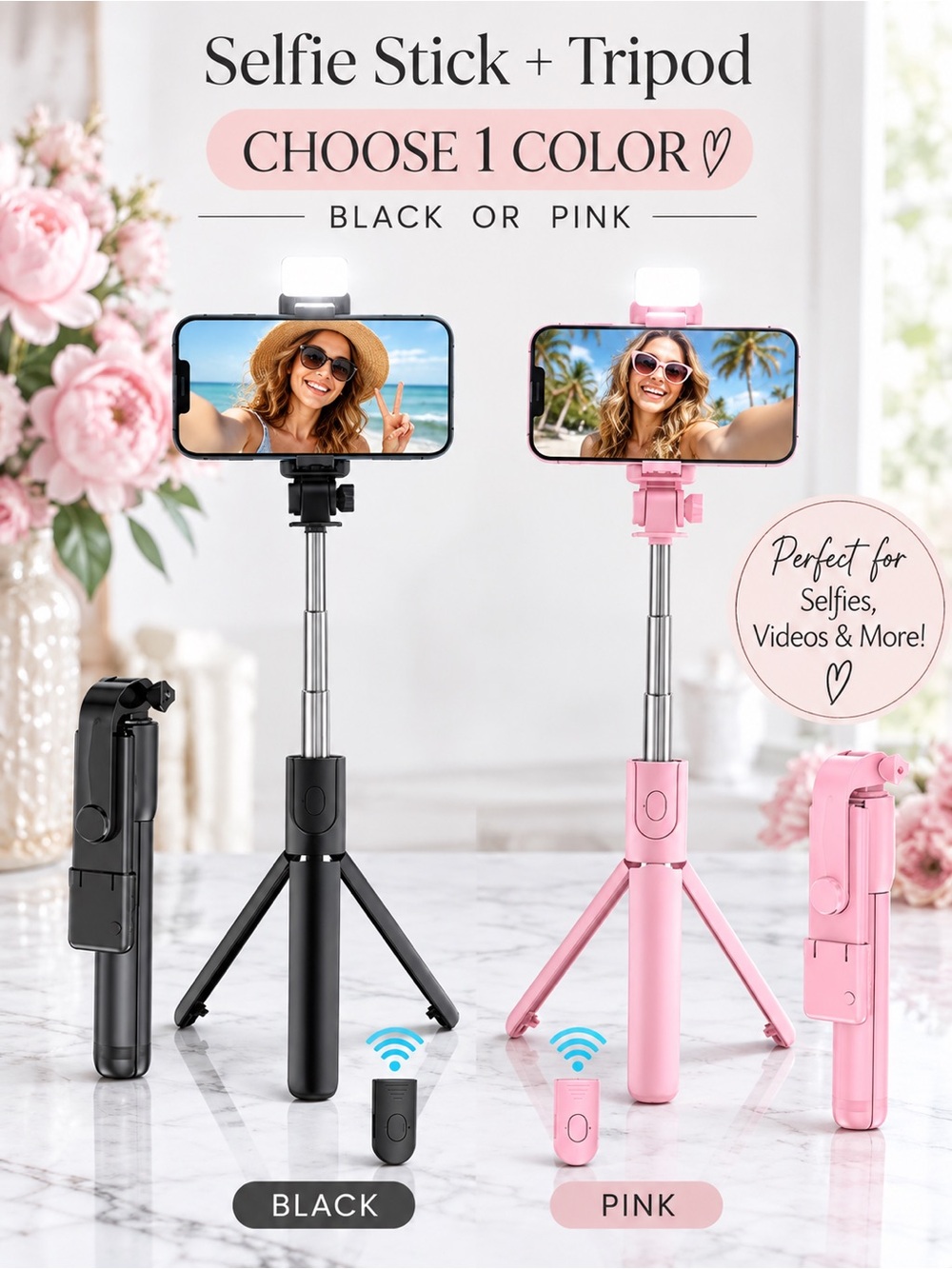 1️⃣ Selfie Stick Tripod with LED Light & Remote | Black or Pink